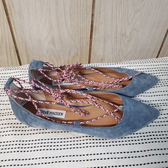 Steve Madden Womens Emilie Ballet Flats Blue Suede Ankle Strap Lace Up Shoes 7.5 - Picture 3 of 8